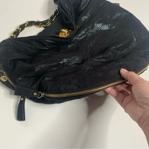 A/X Armani Exchange Shimmery Black Expandable Hobo Bag w Decorative Grommets - Picture 2 of 5